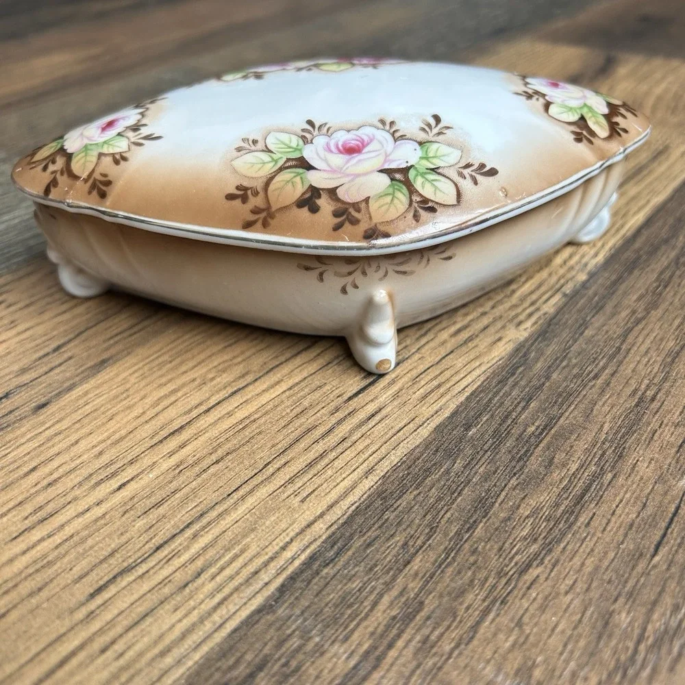 Ucagco Ceramics Japan Brown White Footed Trinket Box Pink Roses